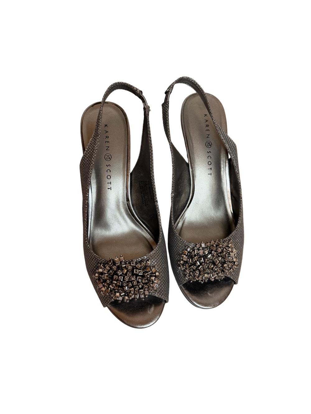 Karen Scott Breena Pewter Slingback Peep Toe Heels Beaded Embellished Sz 7.5 - Picture 3 of 8